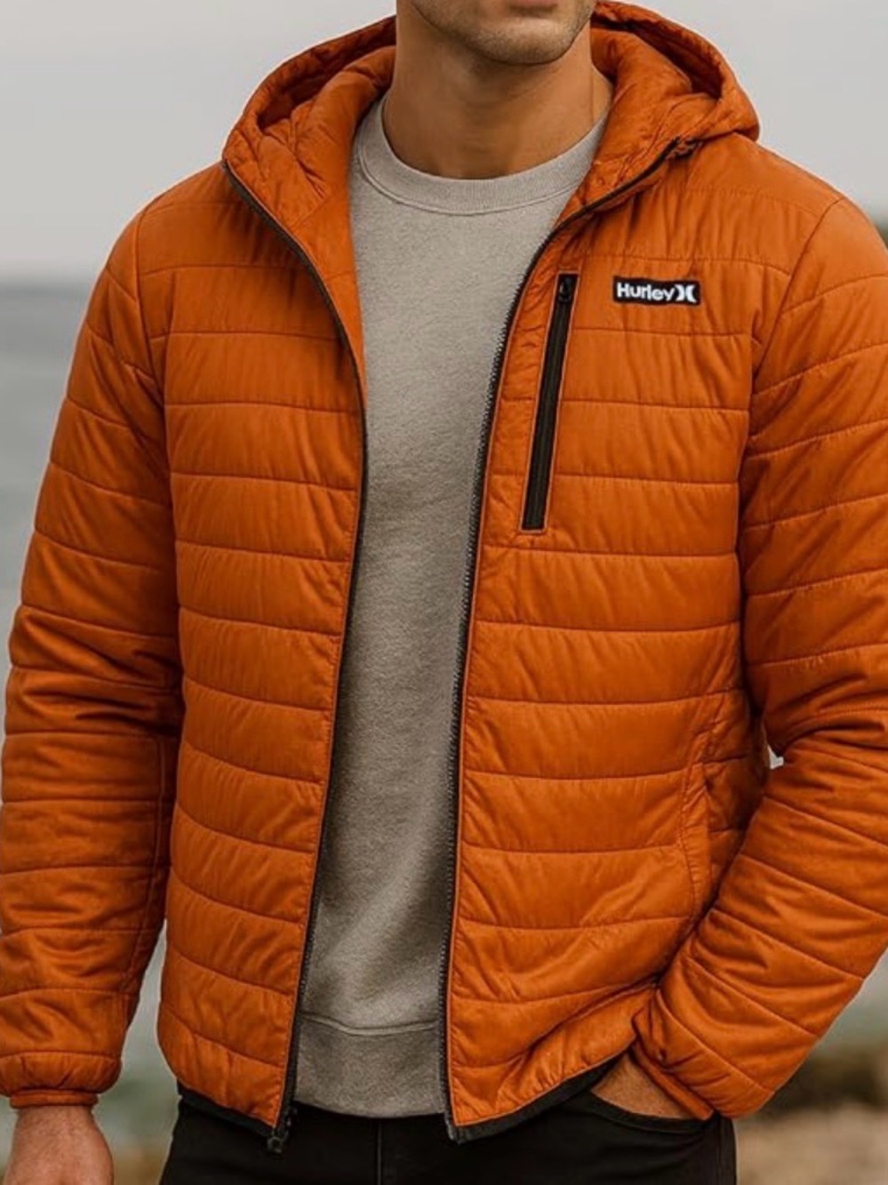 Hurley Hooded Puffer Jacket in Orange, Men’s Medium